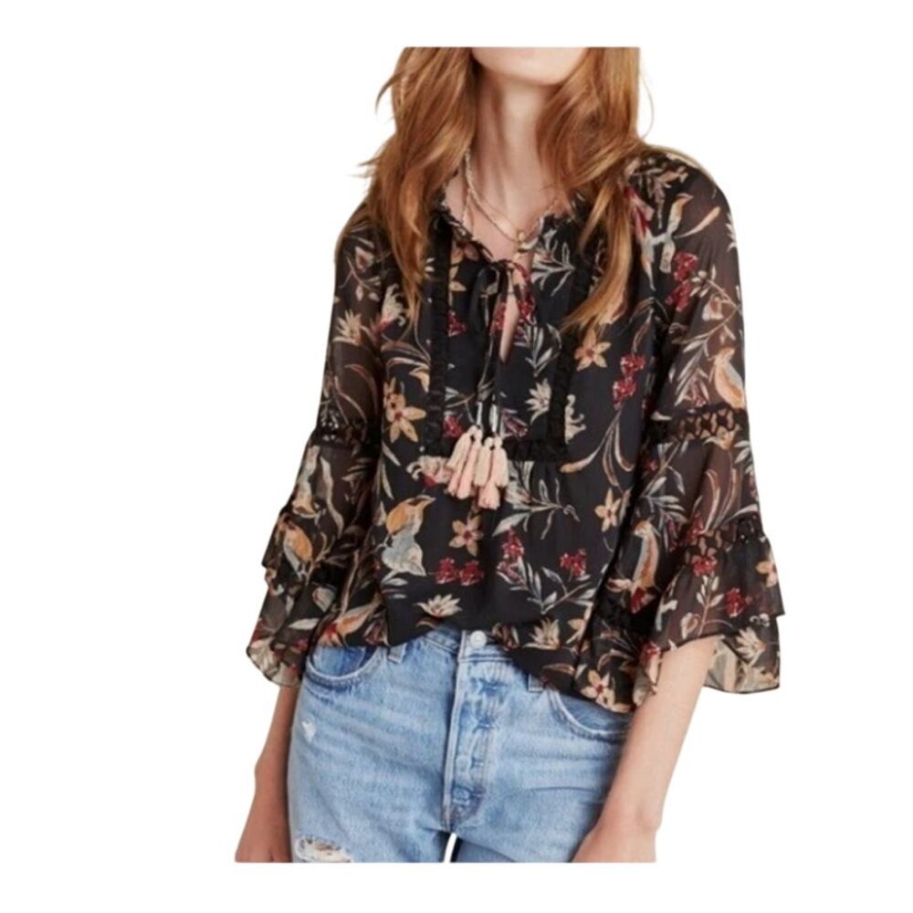 MAEVE ANTHROPOLOGIE Odette Floral Peasant Blouse Sz XS Black Boho Versatile